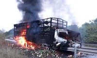 Ô tô tải bốc cháy dữ dội trên cao tốc Nội Bài - Lào Cai