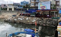Nhiều hộ dân dùng phương tiện thủ công đổ lấp dần khu vực cầu cảng Lý Sơn để tạo mặt bằng, buôn bán, phục vụ khách du lịch. Ảnh: Nguyễn Ngọc