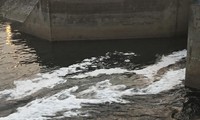 Nước thải của Hà Nội qua Kênh dẫn nước Yên Sở, nổi bọt trắng như băng chảy ra sông Hồng Ảnh: Trường Phong 