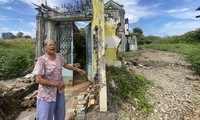 Bà Nguyễn Thị Giáp (80 tuổi) bên căn nhà bị đập loang lổ và lau sậy cao lút đầu người ở Thủ Thiêm 