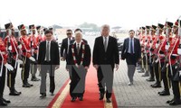 Lễ đón Tổng Bí thư Nguyễn Phú Trọng tại sân bay Quốc tế Soekarno-Hatta. (Ảnh: Trí Dũng/TTXVN)