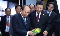 Thủ tướng Nguyễn Xuân Phúc, TBT- Chủ tịch Tập Cận Bình tới thăm Khu trưng bày của Việt Nam tại Hội chợ CIIE 2018. Ảnh: TTXVN