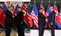 Hai cú bắt tay lịch sử giữa Tổng thống Mỹ Donald Trump và Chủ tịch Triều Tiên Kim Jong-un chỉ khác nhau ở vị trí đứng của hai người.