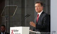 Tổng thống Hàn Quốc Moon Jae-in nêu sáng kiến hòa bình trong chuyến thăm Berlin (Đức) hôm 6/7. Ảnh: Yonhap