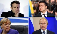Tổng thống Pháp Emmanuel Macron, Tổng thống Ukraine Volodymyr Zelensky, Thủ tướng Đức Angela Merkel và Tổng thống Nga Vladimir Putin. Ảnh: RT