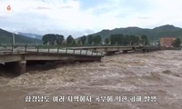 Hình ảnh một cây cầu bị hư hại vì lũ lụt ở Triều Tiên. Ảnh chụp màn hình