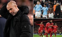 HLV Pep Guardiola tỏ ra buồn bã sau trận thua trước Liverpool.