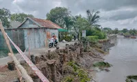 Vụ sạt lở tuyến đường ô tô độc đạo về trung tâm xã Nguyễn Huân (huyện Đầm Dơi) khiến nền và mặt đường trôi xuống sông