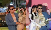 &quot;Bạn trai tin đồn&quot; đi siêu xe, ôm hoa đến tặng Midu trong buổi ra mắt phim