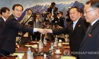Ông Cho Myoung-gyon (trái) bắt tay ông Ri Son-gwon (phải) trước khi bắt đầu cuộc họp sáng 1/6. Ảnh: Yonhap