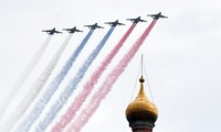 Máy bay chiến đấu Nga Su-25 tập bay trình diễn ngày ngày 4/5 ở Mátxcơva. Ảnh: Sputnik. 