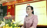Bà Nguyễn Thị Hà - Chủ tịch Mặt trận Tổ quốc tỉnh Bắc Ninh thông tin về đại hội. Ảnh: Nguyễn Thắng
