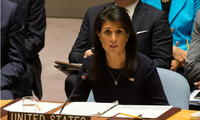 Đại sứ Mỹ tại LHQ Nikki Haley trong cuộc họp của USNC hôm 4/9. Ảnh: Reuters