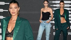Bella Hadid nội y ren mỏng tang, chị gái Gigi Hadid mặc quần rách vị trí táo bạo