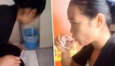 Để chứng minh là mình cọ rất sạch, cô nhân viên lau dọn uống nước từ toilet mình vừa cọ