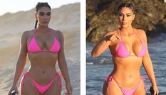 Kim phô thân hình ‘đồng hồ cát’ với bikini hồng, vô tư nhào lộn trên bãi biển