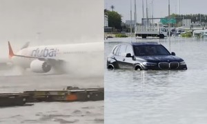 Nhiều tuyến phố và trường bay của UAE ngập nặng nề sau trận mưa rộng lớn kỷ lục. (Ảnh: AP)