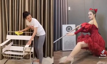 Đông Nhi bắt trend "nội trợ chanh xả", váy đầm xúng xính chỉ để dọn nhà vệ sinh