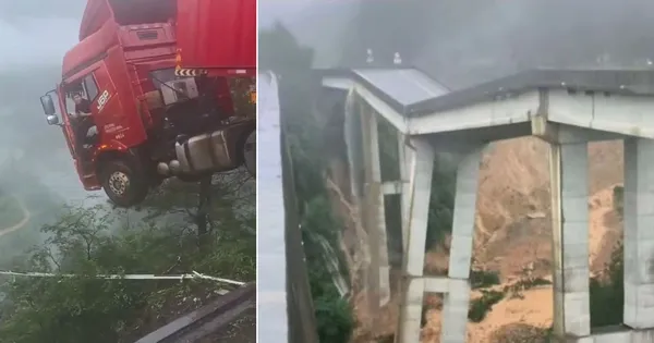 Trung Quốc: Mưa lũ gây sập cầu, tài xế container mắc kẹt trên miệng vực sâu 100m