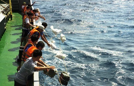 Những chuyến tàu 'xông biển' đầu năm Quà Tết gói cẩn thận chống ướt, đưa lên nhà giàn bằng dây kéo.