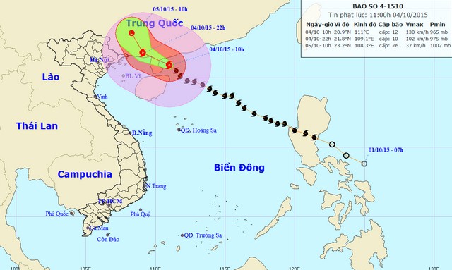 Bão số 4 giật cấp 16, Bắc Bộ mưa lớn Đường đi cơn bão số 4. Ảnh: Trung tâm Dự báo Khí tượng Thủy văn Trung ương.