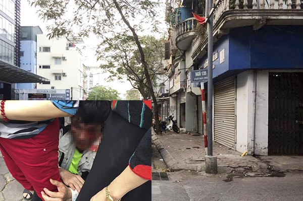 Nghi trộm xe SH, 3 người bị đánh trên phố Ngõ 135 nơi xảy ra sự việc và hình ảnh nạn nhân bị hành hung trên đường.
