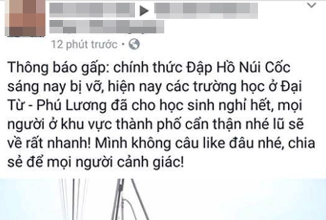 Xử phạt 12,5 triệu đồng người tung tin nhảm vỡ đập Hồ Núi Cốc Thông tin được Hòa tung lên mạng xã hội Facebook.