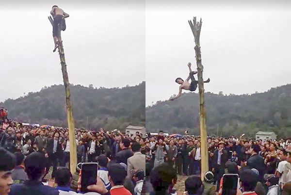 Nam thanh niên rơi từ ngọn chuối xuống đất trong lễ hội xuân Hình ảnh cắt từ video.