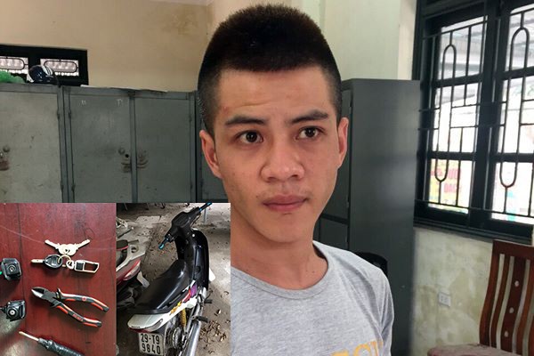 'Siêu trộm' phụ tùng ôtô ở Hà Nội sa lưới Khánh cùng chiếc xe máy và số tang vật bị thu giữ.