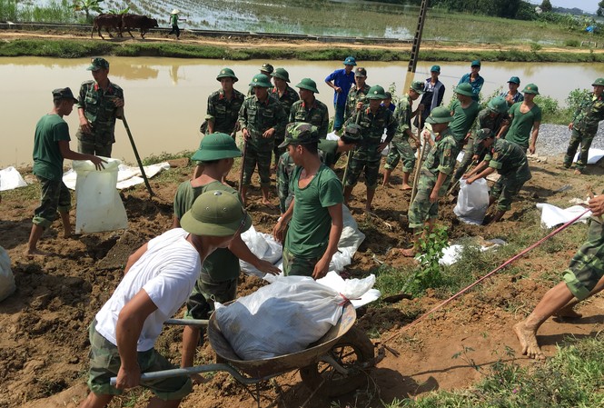Huy động hàng trăm chiến sĩ bộ đội đắp đê ứng phó với cơn bão số 11 Huy động hàng trăm chiến sĩ bộ đội đắp đê ứng phó với cơn bão số 11