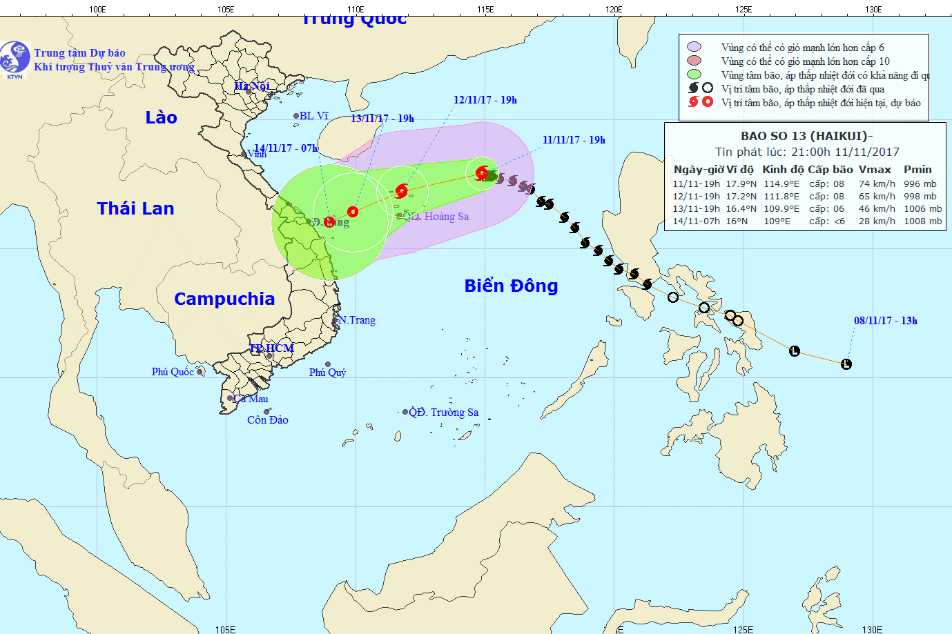 Bão số 13 suy yếu dần thành áp thấp nhiệt đới Vị trí và hướng di chuyển của cơn bão số 13. Ảnh: NCHMF.