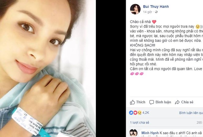 Ông xã Minh Khang nói gì khi mọi người nhầm Thuý Hạnh sắp có em bé? Thúy Hạnh tiết lộ sự thật phải nhập viện để phẫu thuật cắt tử cung.