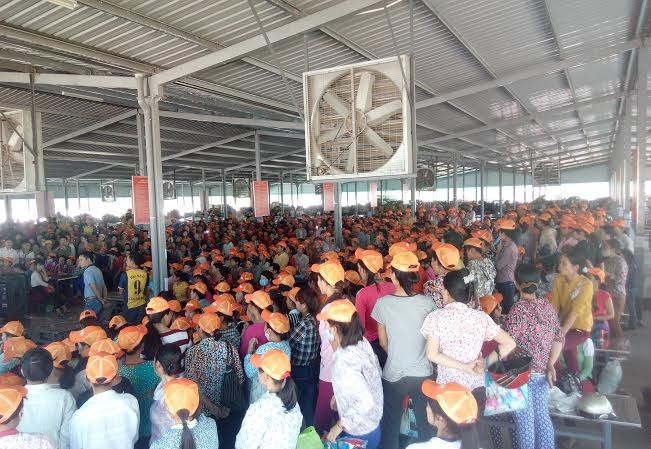 Công nhân ngừng việc phản đối chủ quản Trung Quốc Lãnh đạo Công ty giày da Hong Fu và đại diện các cơ quan chức năng đối thoại với công nhân. Ảnh: Hoàng Lam