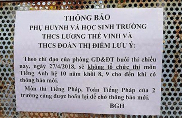 Làm rõ trách nhiệm vụ lộ hướng dẫn chấm thi môn tiếng Anh Thông báo hoãn thi của của các trường cấp THCS trên địa bàn quận Ninh Kiều hôm 27/4