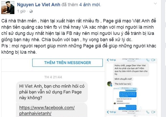 Việt Anh cảnh báo bị giả mạo facebook đi lừa đảo Việt Anh cảnh báo để người khác không "dính bẫy" lừa đảo của facebook mạo danh nam diễn viên