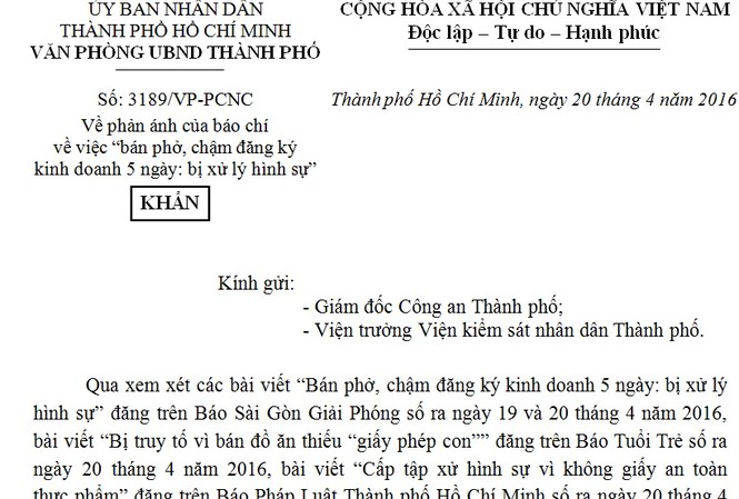 Yêu cầu Giám đốc Công an TPHCM xử lý ngay vụ Văn bản khẩn của Phó Chủ tịch UBND TPHCM Lê Thanh Liêm chỉ đạo giải quyết dứt điểm vụ việc “Bán phở, chậm đăng ký kinh doanh 5 ngày: bị xử lý hình sự”. Ảnh: Phương Dy.