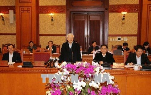 Lãnh đạo địa phương về Trung ương chúc Tết giảm mạnh Tổng Bí thư Nguyễn Phú Trọng phát biểu tại cuộc họp ( ảnh TTXVN)