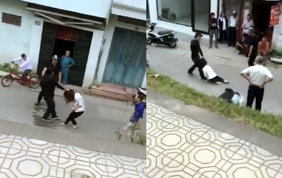 Cô gái bị túm tóc, đánh đập vì nghi vào nhà nghỉ với trai lạ Cô gái bị túm tóc, kéo lê dưới đường. Ảnh cắt từ clip