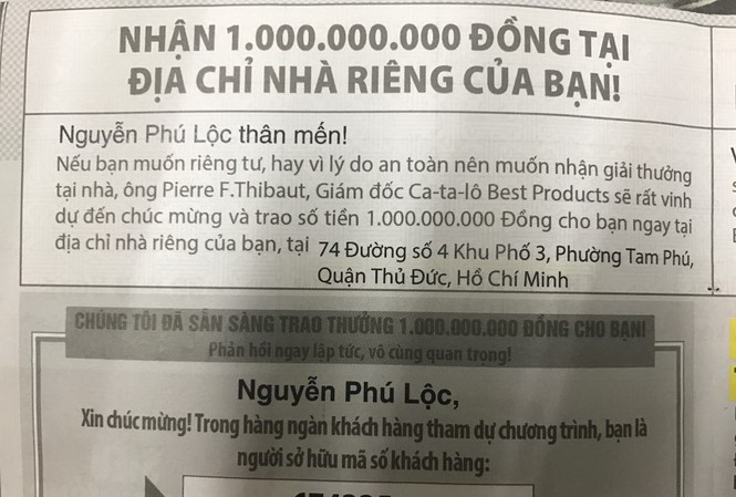 Dụ khách hàng bằng chiêu trò trúng thưởng tiền tỷ 'giả vờ' Thông báo trúng thưởng tiền tỷ nhưng thực tế chỉ là... ví dụ minh họa