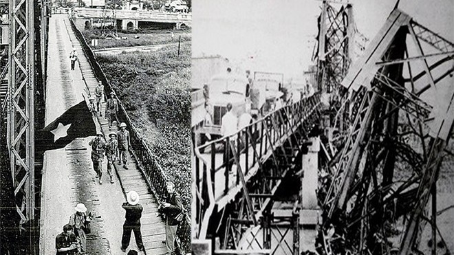 Cầu Long Biên: Chứng nhân vô giá của lịch sử Nhóm chiến sĩ đầu tiên qua cầu Long Biên tiến vào tiếp quản Thủ đô ngày 10/10/1954 (trái); Cầu Long Biên bị máy bay Mỹ làm hư hại năm 1972