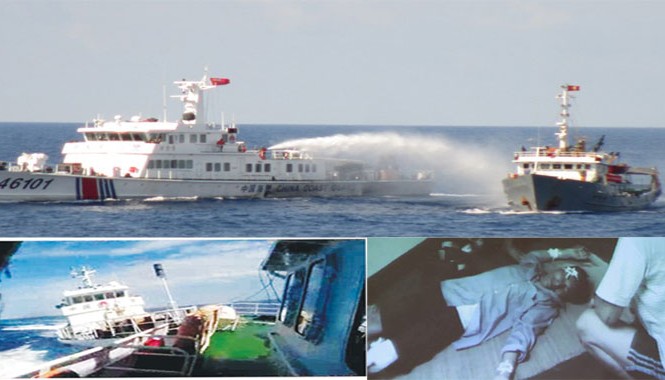 Tàu Trung Quốc hung hăng đâm thẳng tàu Việt Nam Tàu hải cảnh Trung Quốc dùng vòi rồng phun nước uy hiếp tàu Cảnh sát Biển Việt Nam (ảnh trên); Tàu hải cảnh Trung Quốc đâm vào vách tàu Việt Nam (ảnh trái); Kiểm ngư viên của Việt Nam bị thương do mảnh vỡ trên tàu văng ra (ảnh phải). Ảnh do cảnh sát Biển
