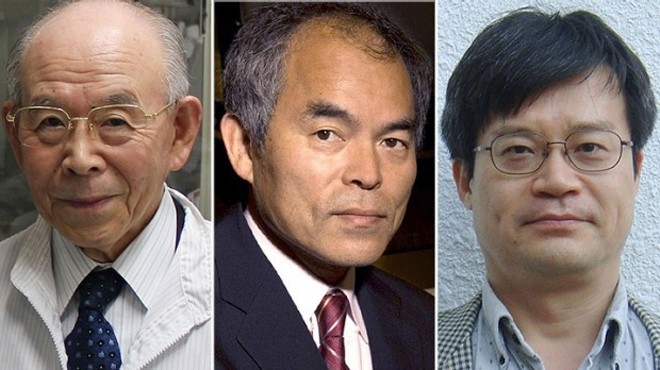 Nobel Vật lý cho 3 cha đẻ công nghệ đèn LED Ba nhà khoa học đoạt giải Nobel Vật lý 2014 (từ trái sang): Isamu Akasaki, Shuji Nakamura và Hiroshi Amano. Ảnh: SMH