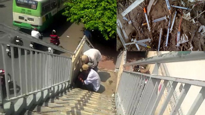 Tệ nạn ma túy quấy đảo khách xe buýt Người nghiện chích ma túy trên cầu vượt đường Nơ Trang Long, gần nhà chờ xe buýt trước bệnh viện Ung bướu TPHCM (ảnh to); Kim tiêm, ống chích người nghiện vứt bừa bãi gần nhà chờ xe buýt (ảnh nhỏ). Ảnh: SH