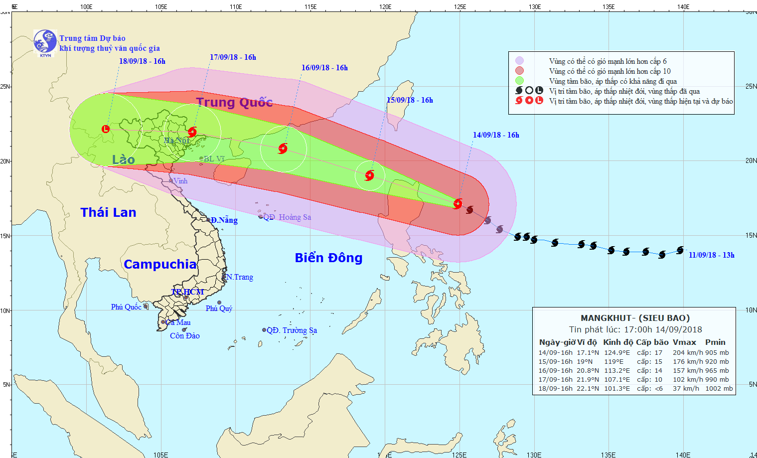 Ngày mai siêu bão Mangkhut vào biển Đông Đường đi của bão Mangkhut. Ảnh: Nchmf