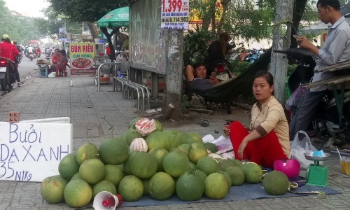 Bưởi da xanh giá rẻ chất đống bán vỉa hè Sài Gòn Bưởi da xanh giảm giá mạnh so với mọi năm. Ảnh: Hồng Châu.