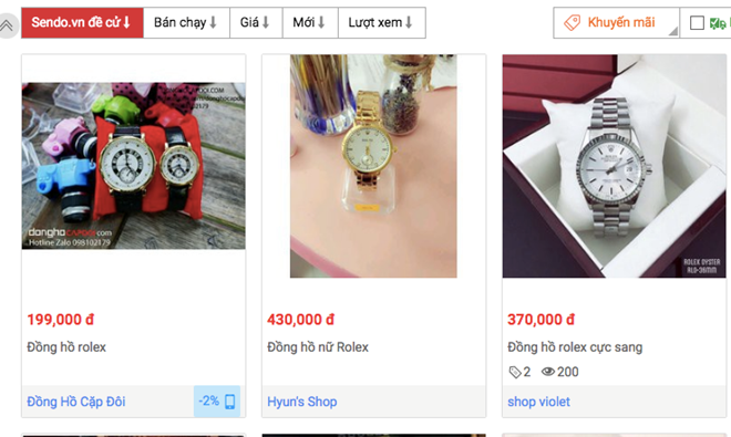 Rolex 200.000 đồng, Chanel 99.000 đồng ngập chợ điện tử Việt Đồng hồ Rolex cặp đôi giảm giá 2% chỉ còn 199.000 đồng.