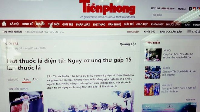 Báo Tiền Phong đoạt giải Nhì viết về phòng, chống tác hại của thuốc lá Bài viết “Hút thuốc lá điện tử: Nguy cơ ung thư gấp 15 lần thuốc lá” đăng trên báo Tiền Phong.