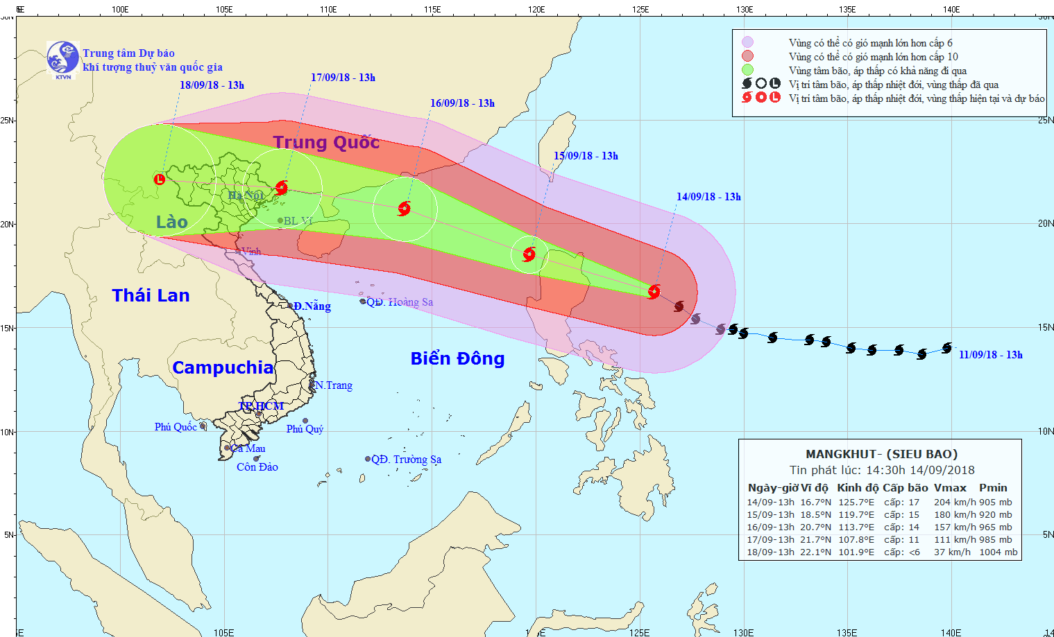 Vào Biển Đông, siêu bão Mangkhut gây gió giật trên cấp 17 Đường đi của bão. Ảnh TTKTTV