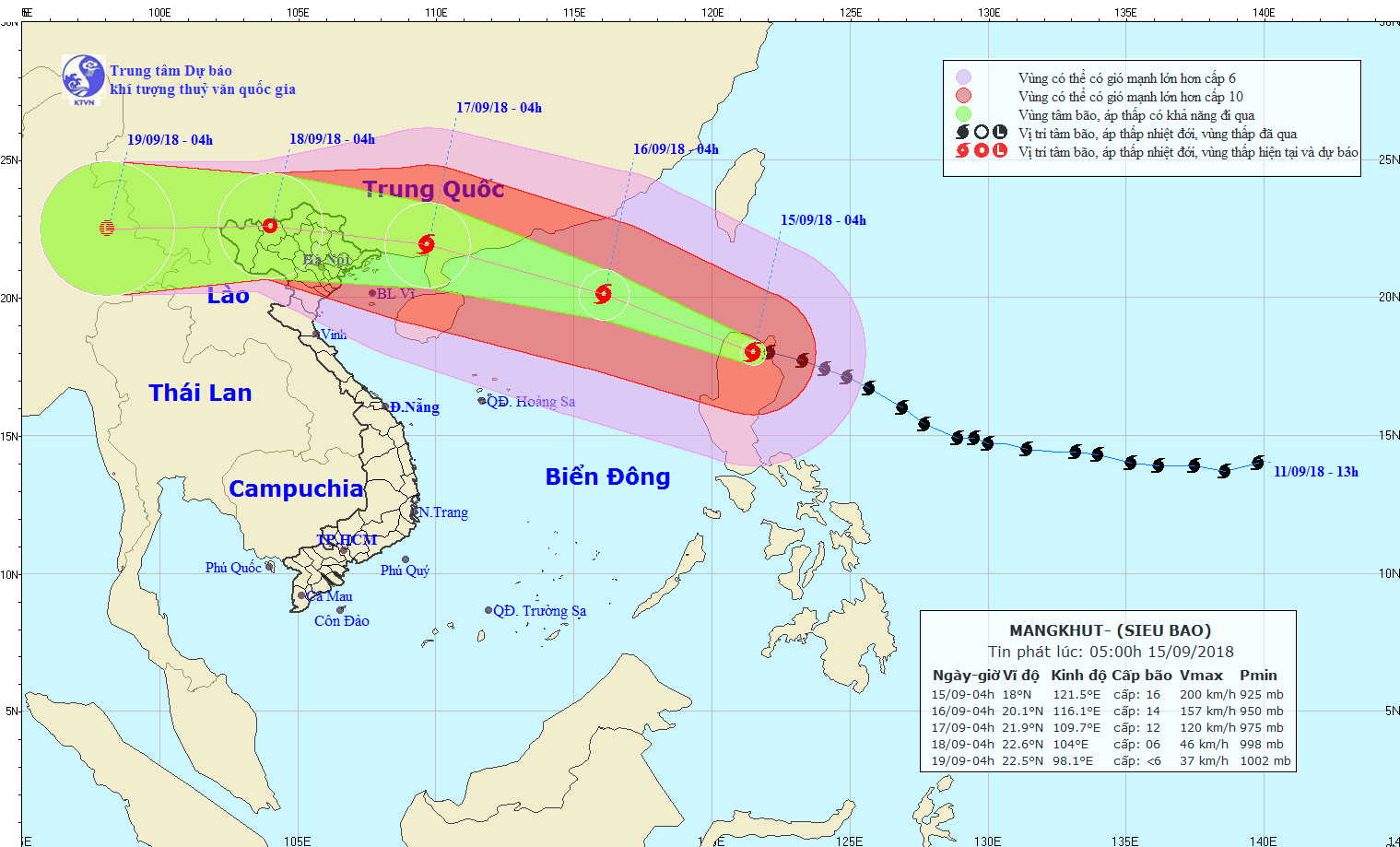Sáng nay (15/9), siêu bão Mangkhut đã đổ bộ vào đâu? Đường đi của bão. Ảnh TTKTTV