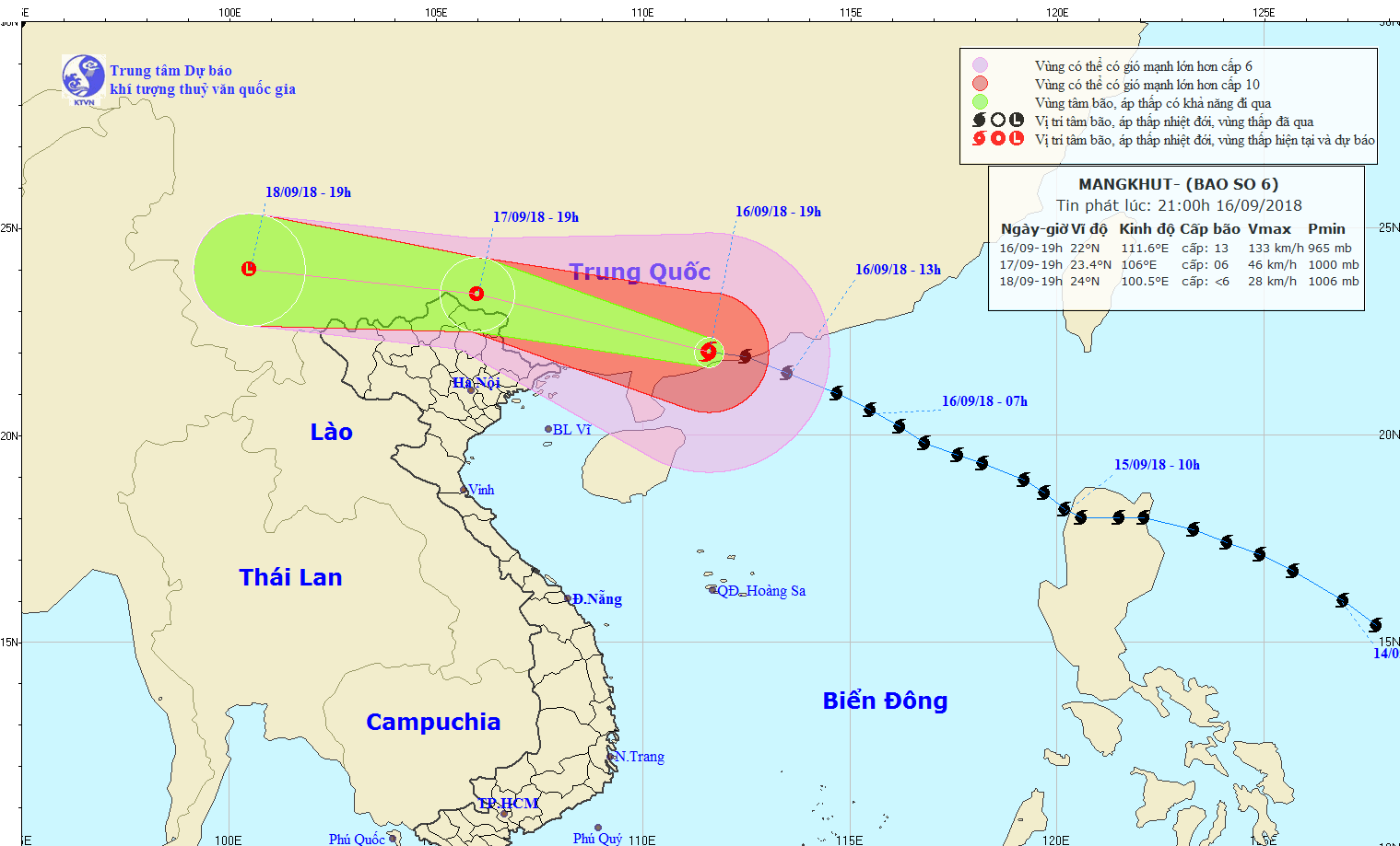 Ảnh hưởng bão Mangkhut, một số tỉnh Đông Bắc Bộ có gió giật cấp 10 Đường đi của bão. Ảnh: nchmf